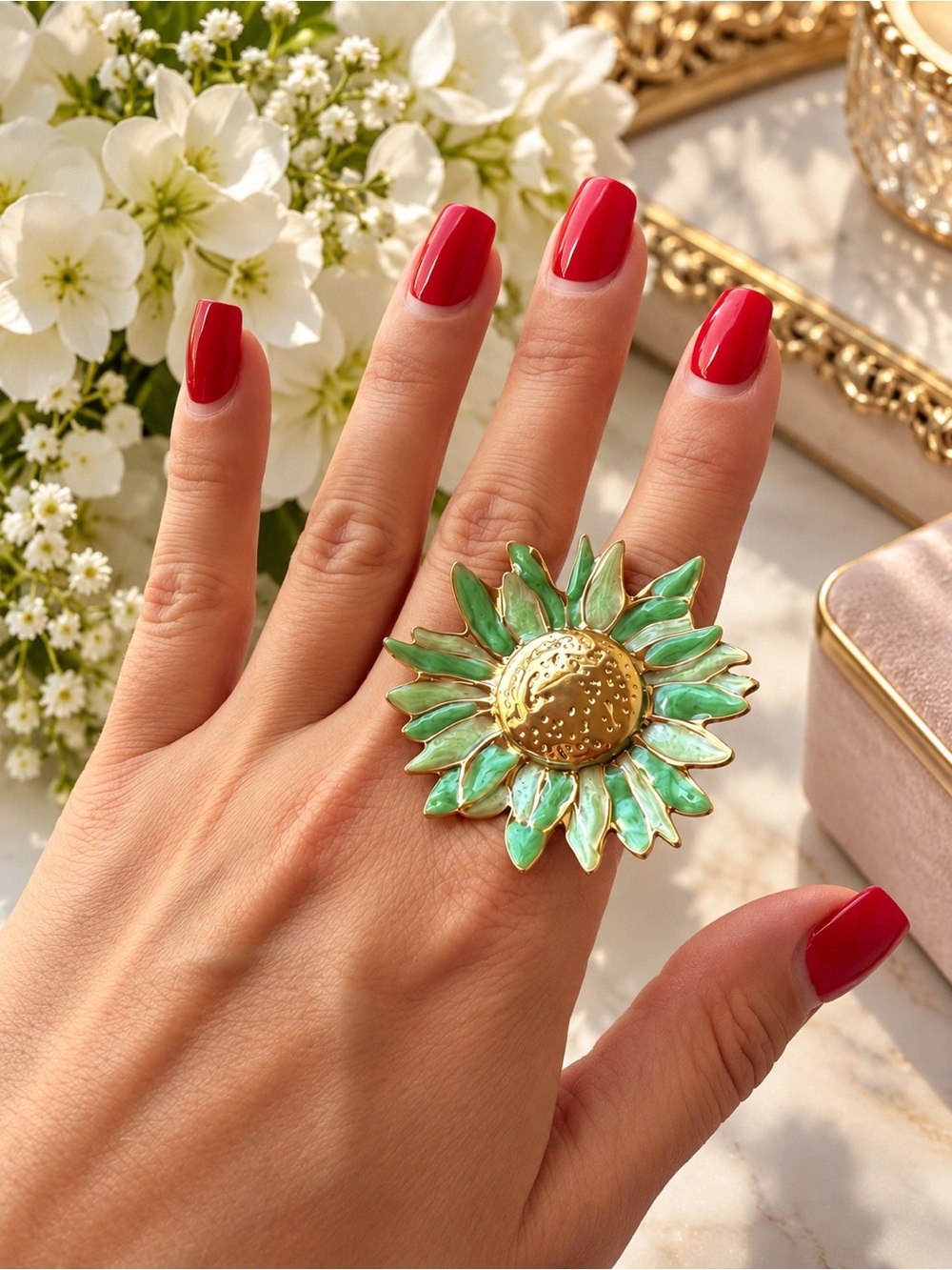 Green Sunflower Statement Ring